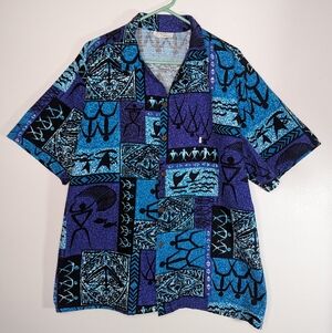 Vtg Hawaiian Shirt Men's XL Broadcloth Tribal Blue Black Purple Custom Made